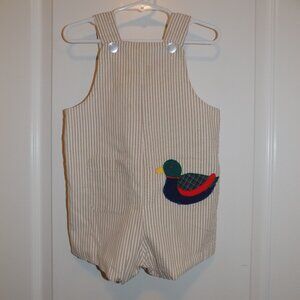Vintage Beige White Seersucker Jon Jon Shortalls Duck Mallard Applique 2T-3T